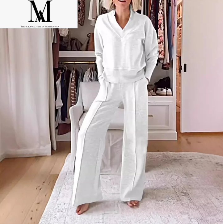 MeRa Luxe 2-delt Kvinners Loungewear Set med V-hals Modell